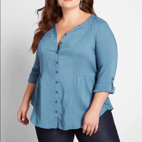 Modcloth Trusty Travel Blue Button Up Blouse, size 2X - Picture 1 of 9